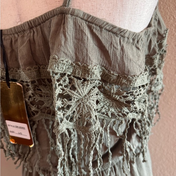 Fringe crochet detail boho dress in olive green. NO BELT NWT - Picture 9 of 10